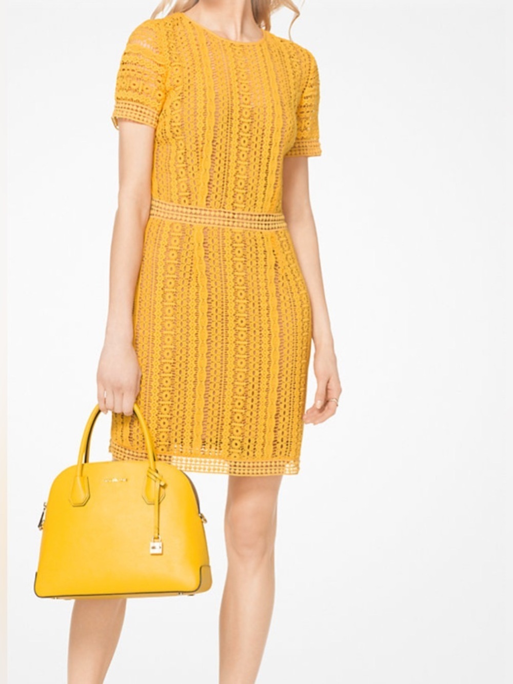 Michael Kors Crochet Lace A-Line Dress Sz 10 Orange Short Sleeve Lined Midi